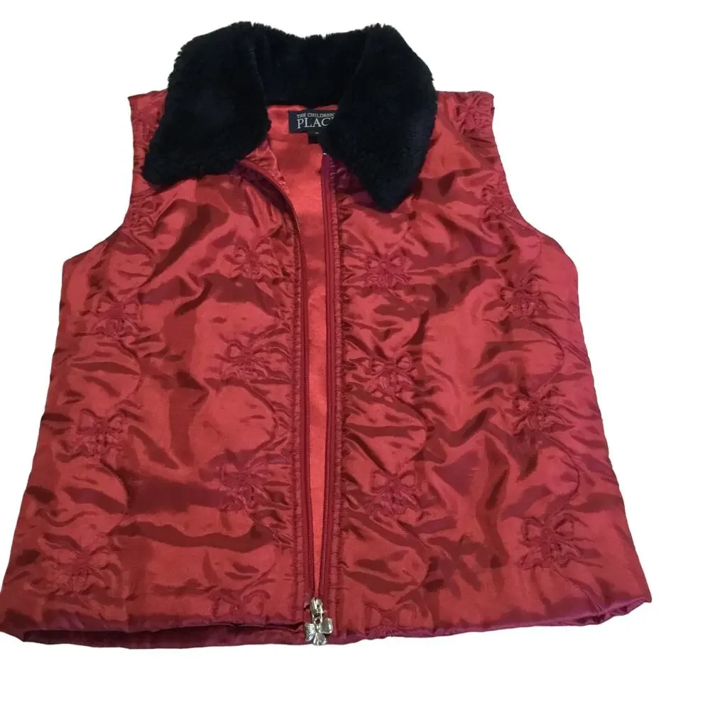 The Children's Place Red Vest Black Faux Fur Collar Zip Satin Girls XL